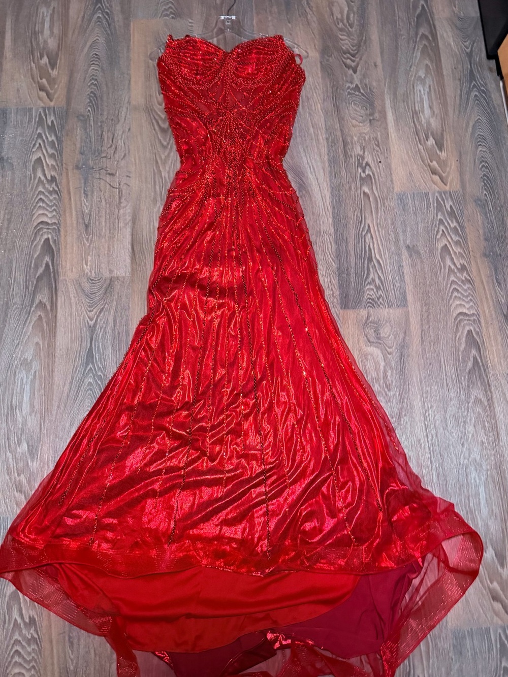 Red Strapless Beaded Evening Dress
